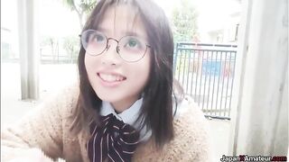 Amateur Japanese Girl With Glasses Deepthroating A Cock In A Park