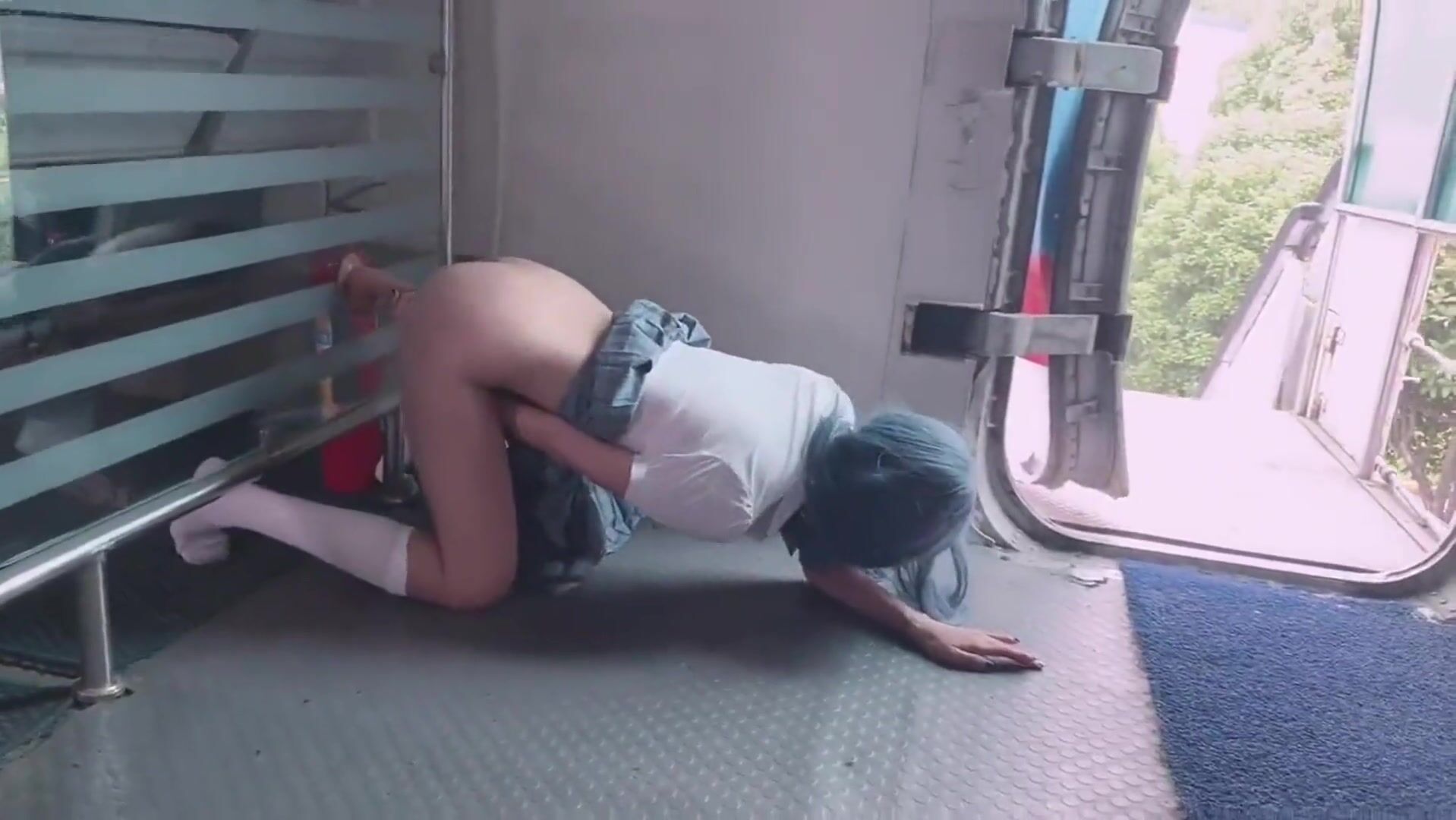 Chinese schoolgirl masturbating in an abandoned plane