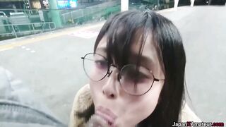 Asian: Amateur Japanese Girl With Glasses Flashing Her Tits Before Sucking Dick At A Train Station #3